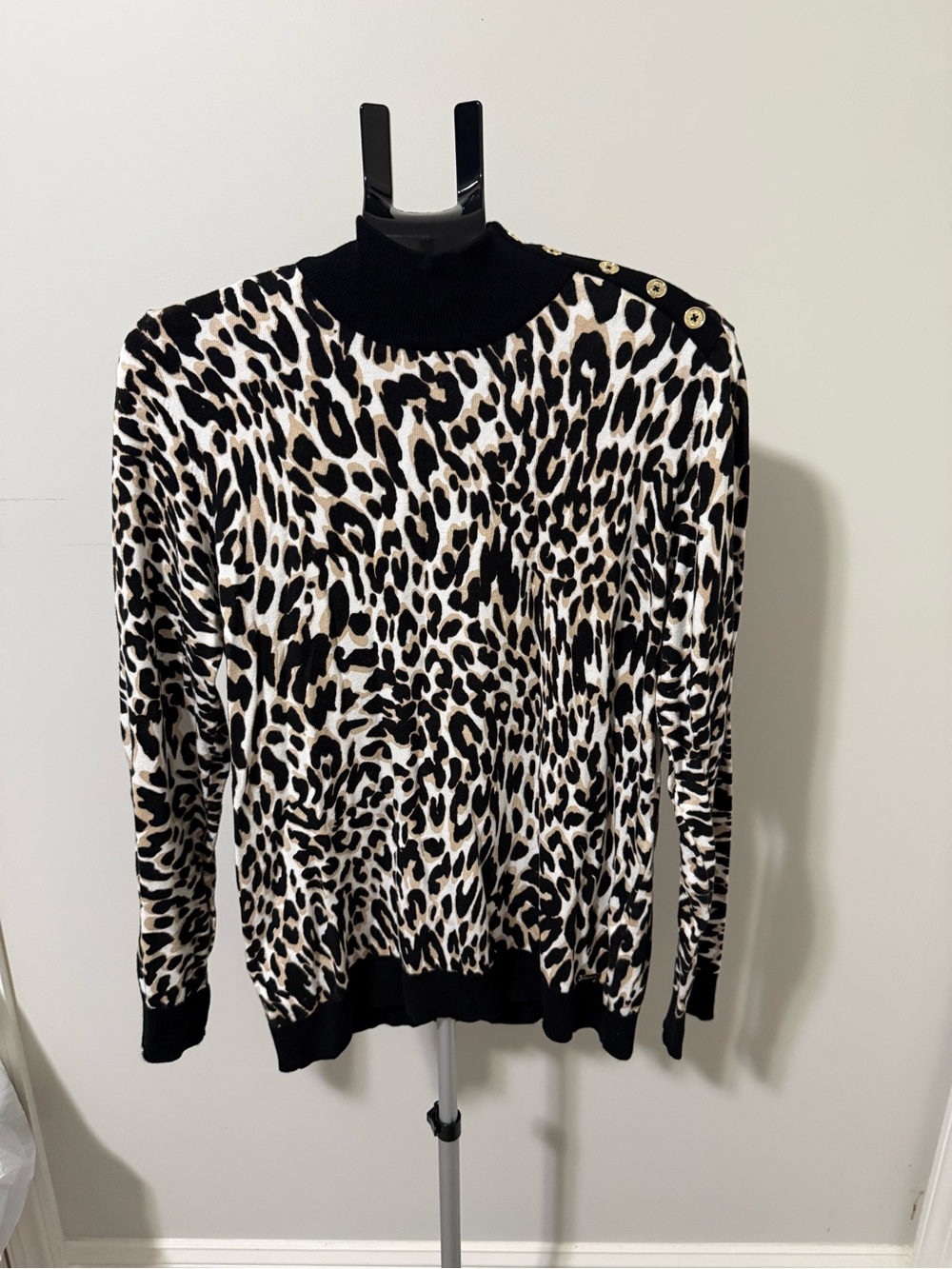 Calvin Klein Leopard Print Sweater Women’s Large Mock Neck Gold Button Shoulder